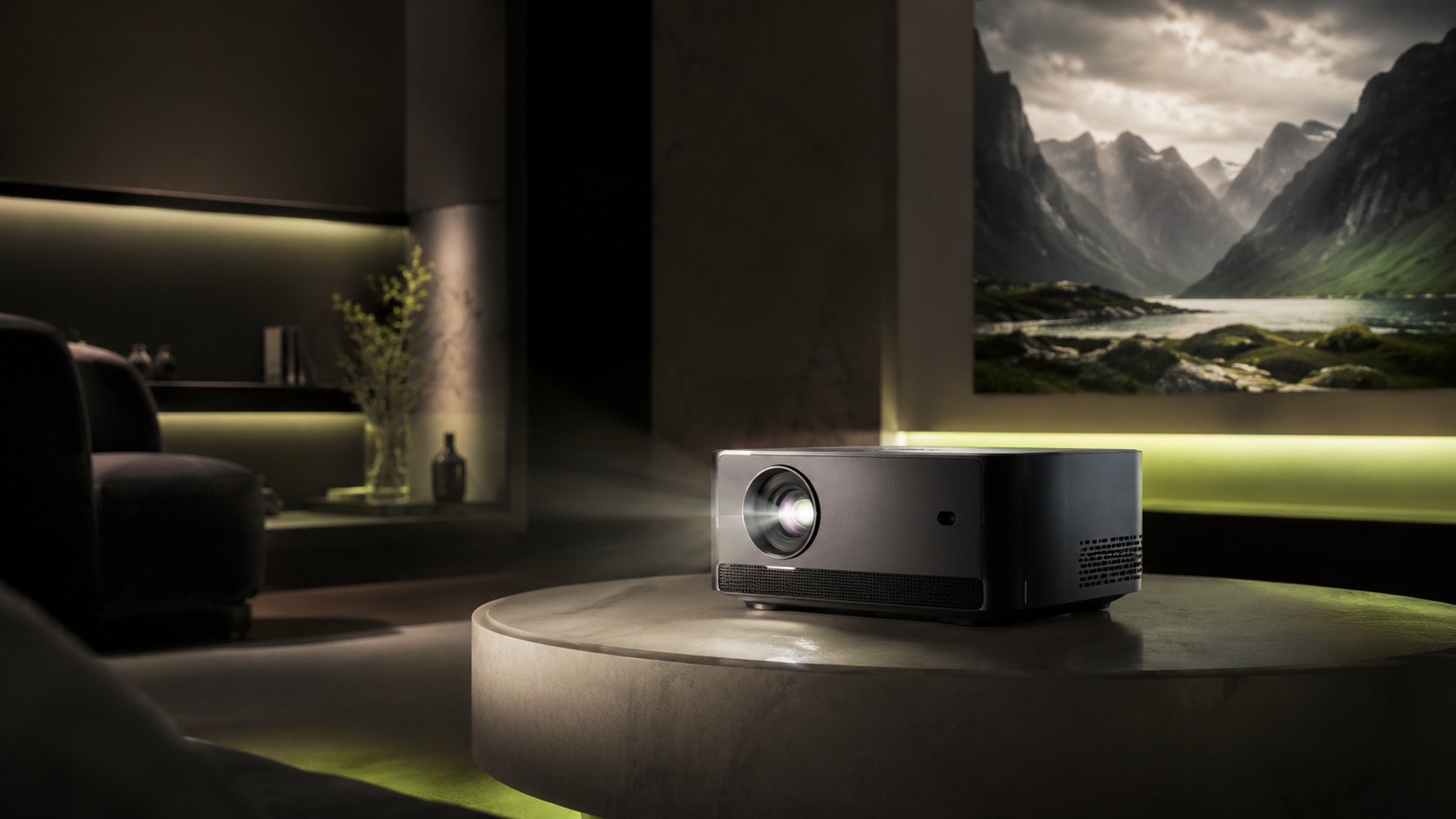 Premium projector in a futuristic home cinema setting