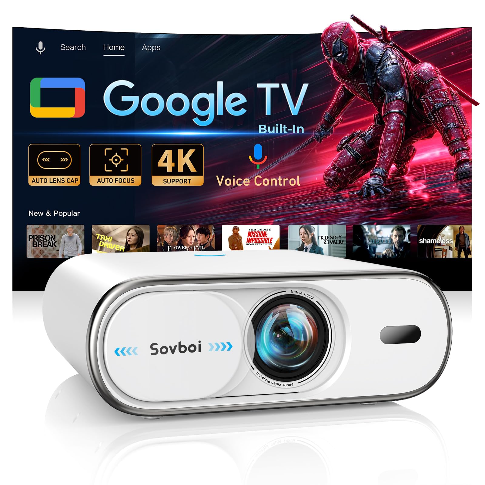 1800 ANSI 4K Smart Projector with Auto Focus & Google TV