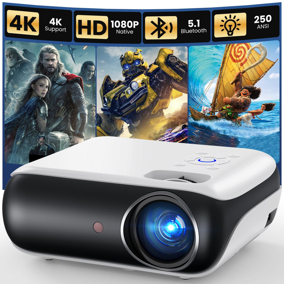 Native 1080P Bluetooth Projector for Home & Outdoor Use